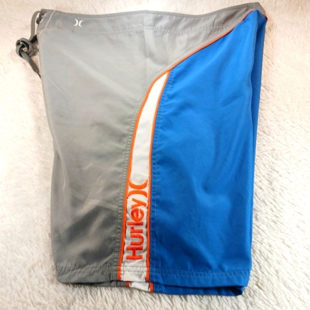 Hurley Board Shorts Mens 38 Gray Front Blue Back 1 Pocket Orange White Accents.. - Picture 9 of 9